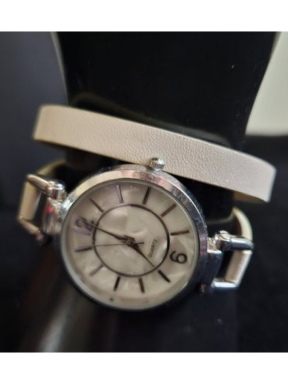 Tan Leather Double Strap Pearl Face Ladies Quartz Watch
